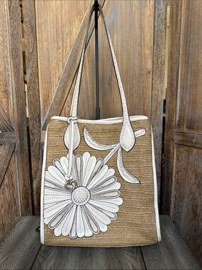 Brighton Woven Straw Tote with White Floral Appliqué